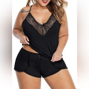 Plus Size Pajamas Cami Shorts Set Nightwear Sexy Lace Lingerie Sleepwear